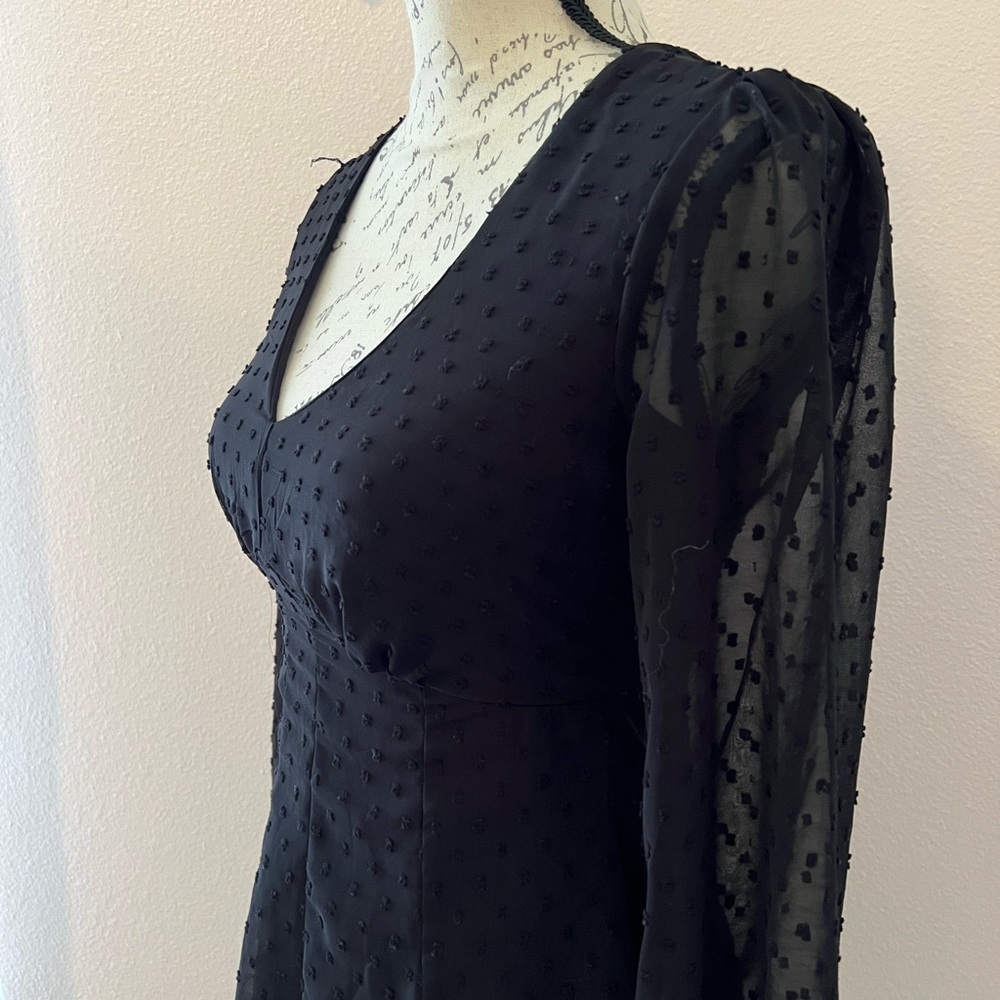Mi Ami Little Black Dress, NWT, sheer sleeves, fitted bodice, ruffle trim. XS